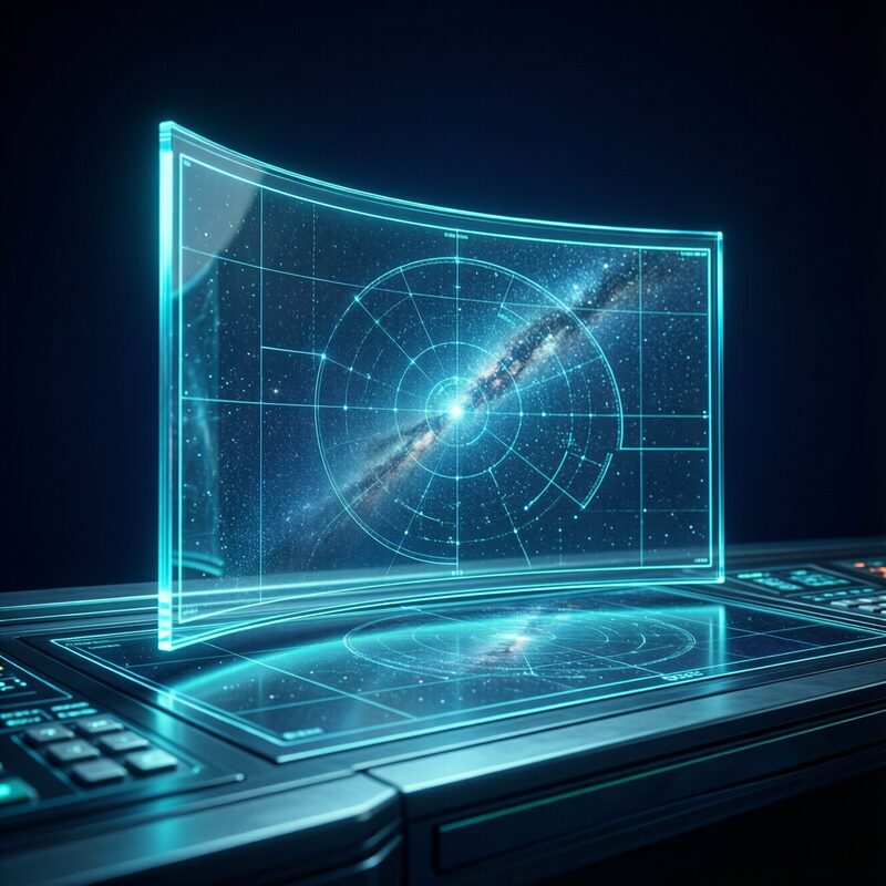 A dark command console with glowing holographic data panels